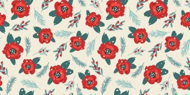 Christmas and Happy New Year seamless pattern. Christmas tree, flowers, berries. New Year symbols. Vector design template.