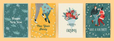 Kartlar ve diğer kullanım alanları için Noel ve Mutlu Yıllar illüstrasyonları. Moda modası. Vektör tasarım şablonları.