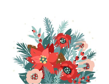 Noel ve Mutlu Yıllar buketle izole edilmiş. Moda modası. Vektör tasarım şablonu.