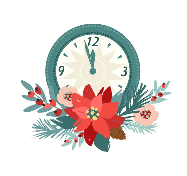Nástěnné Hodiny Zdobené Květinami Vánoce Šťastný Nový Rok Izolované Ilustrace — Stockový vektor