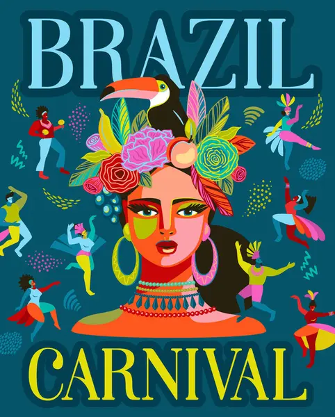 Brezilya karnaval kıyafeti giymiş kadın ve insanların portresi olan bir poster. Vektör soyut illüstrasyon. Karnaval konsepti ve diğer kullanım alanları için tasarım