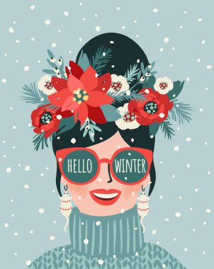 Merhaba Winter. Genç bir kadının resmi. Moda modası. Vektör tasarım şablonu.