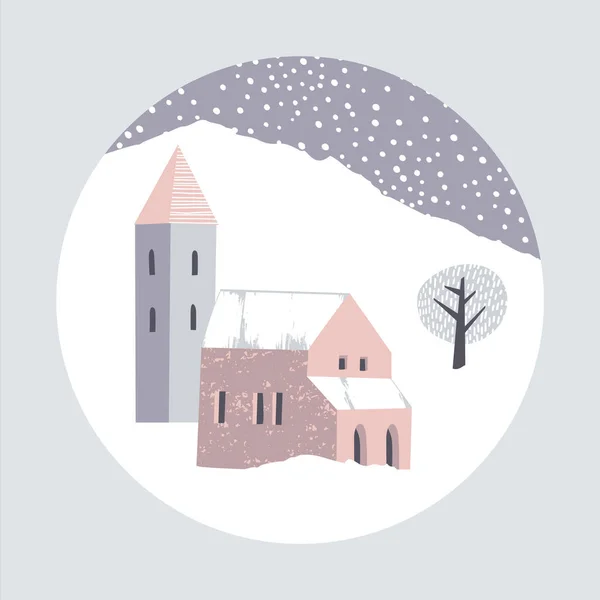 Зимний Пейзаж Снежные Дома Круглая Иллюстрация Векторный Шаблон — стоковый вектор