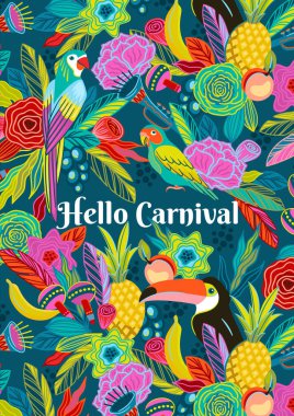Çiçekli şablon, meyveler, kuşlar, müzik aletleri. Brezilya karnavalı. Karnaval konsepti ve diğer kullanım alanları için vektör tasarımı