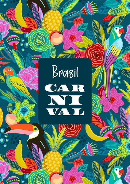 Modèle Avec Fleurs Fruits Oiseaux Instruments Musique Carnaval Brésilien Conception — Image vectorielle