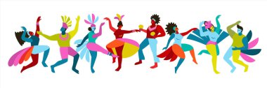 Vektör, parlak kostümler içinde dans eden komik erkek ve kadınların soyut çizimlerini izole etti. Brezilya karnavalı. Karnaval konsepti ve diğer kullanım alanları için tasarım ögeleri