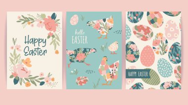 Paskalya kartları. Güzel el çizimleri çizimleri. Vintage pastel renkte vektör tasarım şablonları.