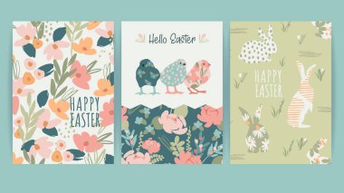 Paskalya kartları. Güzel el çizimleri çizimleri. Vintage pastel renkte vektör tasarım şablonları.