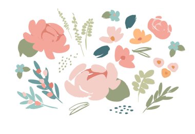 Set of abstract floral design elements. Leaves, flowers, grass, branches Vector illustrations