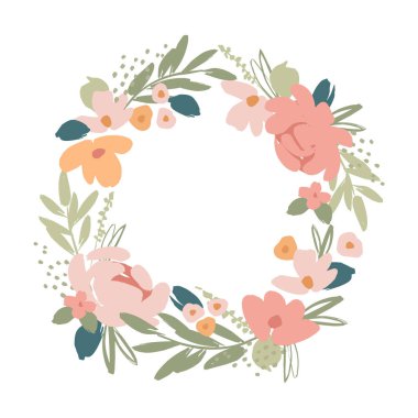 Vector isolated floral design with cute flowers. Wreath. Template for card, poster, flyer, t-shirt, home decor and other use.