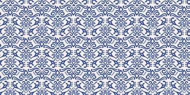 Bitkisel ve geometrik elementlerle etnik, mavi, pürüzsüz desenler. Kağıt, kapak, kumaş, iç dekorasyon ve diğer kullanım için modern soyut tasarım