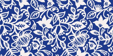 Bitki motifli etnik, mavi, pürüzsüz desenler. Kağıt, kapak, kumaş, iç dekorasyon ve diğer kullanım için modern soyut tasarım