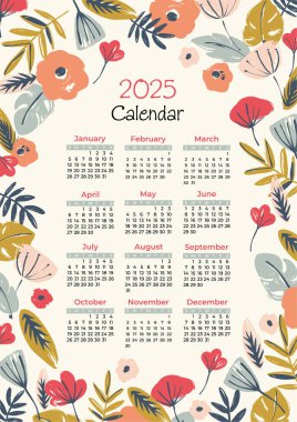 2025 takviminde çiçek illüstrasyonu var. Vektör tasarım şablonu