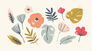 Çiçek tasarım elementleri seti. Yapraklar, çiçekler, çim dalları böğürtlen. Vektör illüstrasyonları