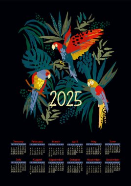 2025 calendar with parrots in the jungle. Artistic illustration in. Vector design template clipart