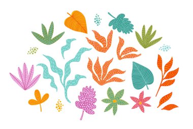 Parlak, soyut yapraklar ve çiçekler. Logo, markalaşma, tişört, posterler, kartlar, ambalaj ve daha fazlası için modern vektör tasarımı