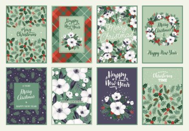 Christmas and Happy New Year cards with Christmas tree and white flowers. Vector design template.