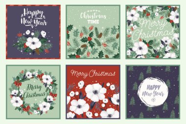 Christmas and Happy New Year cards with Christmas tree and white flowers. Vector design template.