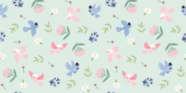 Şirin kuşları olan narin çiçeksiz desenler. Kağıt, kapak, kumaş, iç dekorasyon ve diğer kullanım için vektör tasarımı