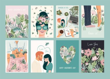 Set of Romantic illustrations. Man and woman. Love, love story, relationship. Vector design concept for Valentines Day and other use.