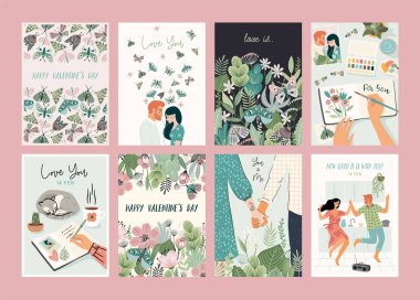 Set of Romantic illustrations. Man and woman. Love, love story, relationship. Vector design concept for Valentines Day and other use.