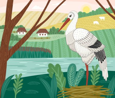 Doğadaki leyleğin dekoratif çizimi. Vektör tasarımı