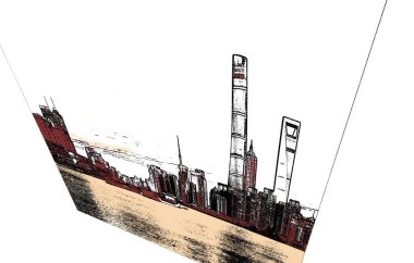 Abstract rendition of modern Pudong - the skyline and skyscrapers as seen from the shore of the Huagpu in Minhang clipart