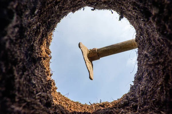 Kopání Půdy Pro Sázení Motykou Zahradnictví Výsadba Stromů Nebo Sazenice Stock Snímky