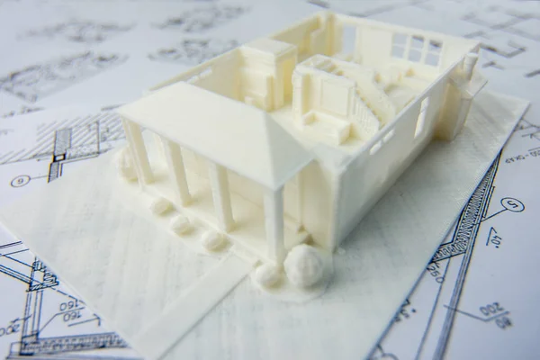 Close-up of model of the first floor of a family house printed on a 3D printer for architectural use