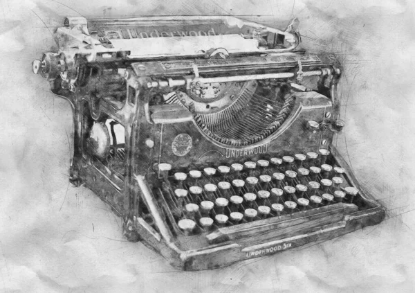 Charcoal Graphite Drawing Old Antique Typewriter First World War Grunge — Stock Photo, Image