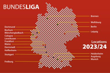 Almanya 'nın ilk Alman futbol ligi olan Bundesliga' nın 2023 / 24 sezonunda İngiliz şehir isimleriyle oynanan haritası. Vektör İllüstrasyonu.
