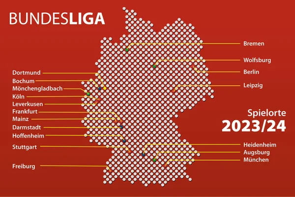 Almanya 'nın ilk Alman futbol ligi olan Bundesliga' nın Alman şehir isimleriyle 2023 / 24 sezonundaki haritası. Vektör İllüstrasyonu.