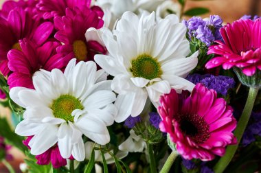 Renkli buket, mevsimlik bahçe çiçeklerinden yapılmıştır..