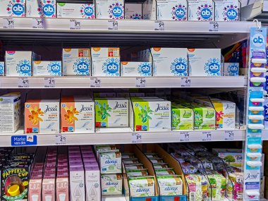 Berlin, Germany - January 12, 2023: View to a shelf with packages for toiletries for women.