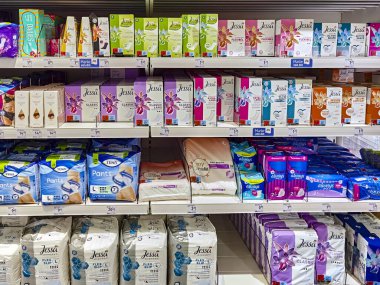 Berlin, Germany - January 12, 2023: View to a shelf with packages for toiletries for women.