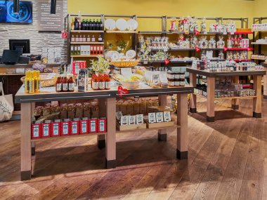 Berlin, Germany - February 2, 2023: View into a grocery for oil and vinegar in the Gropius Passagen shopping mall in Berlin. 