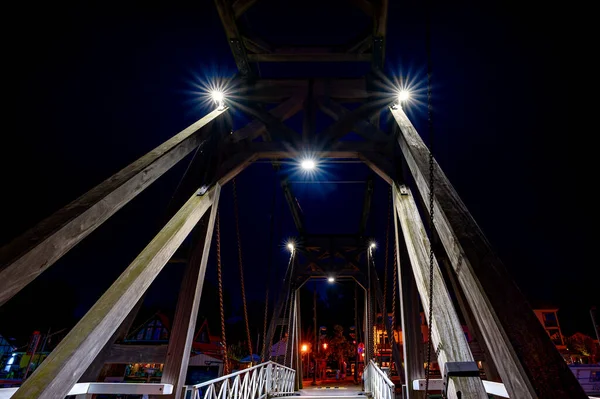 Nocne Ujęcie Historycznego Mostu Bascule Porcie Żaglowym Greifswald — Zdjęcie stockowe