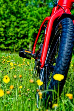 Bisiklet pedalının üzerinde çiçek çayırının ortasındaki yansıtıcıyla odak dışı çekilmiş bir bisiklet pedalına bakın.