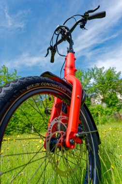 Berlin, Almanya - 22 Mayıs 2023: Çiçek çayırının ortasında kırmızı bisiklet.