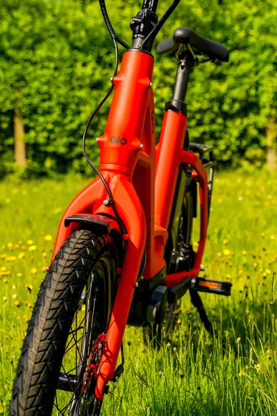 Berlin Niemcy Maja 2023 Czerwony Rower Środku Łąki Kwiatowej — Zdjęcie stockowe
