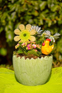 Çiçek saksısı, farklı bitkiler ve turuncu seramik tavukla Paskalya süslemesi..