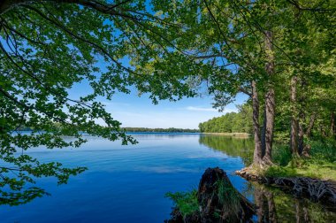 Koyu mavi sularla karşı kıyıya bakan bir göl..