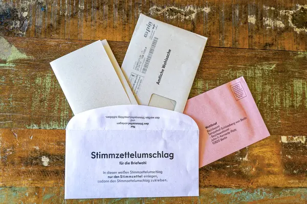 stock image Berlin, Germany - May 26, 2024: Envelope with documents for postal voting for the European Parliament elections.
