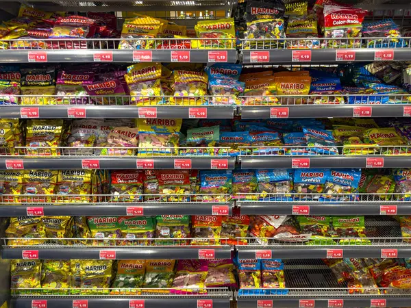 stock image Berlin, Germany - September 20, 2024: View to different packages of sweets in a supermarket.