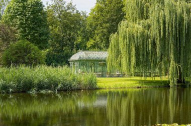 Ağaçların yansıdığı küçük bir gölete bakın, küçük bir çadıra..