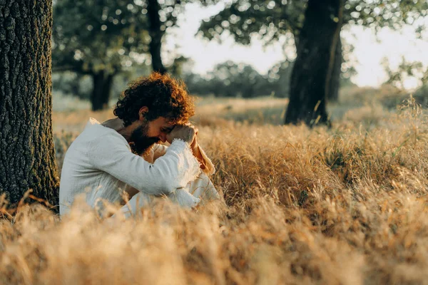 Jesus Christ Alone Garden Meditating Praying Stok Lukisan  