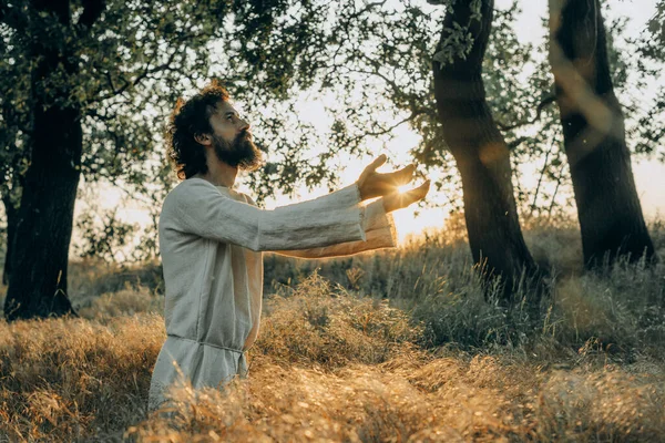 Jesus Christ Alone Garden Meditating Praying Stockfoto