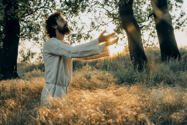 Jesus Christ Alone Garden Meditating Praying ストック画像