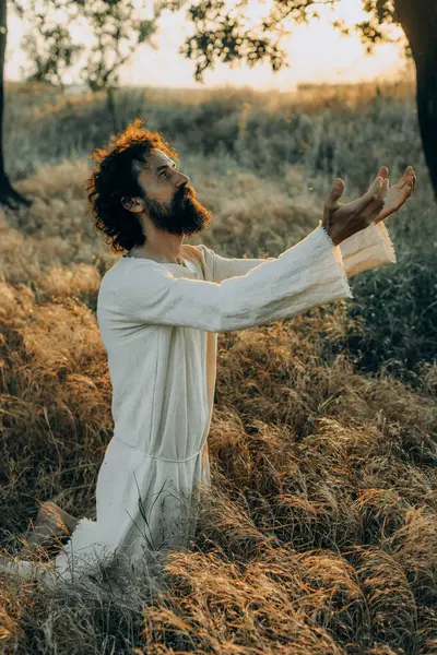 Jesus Christ Alone Garden Meditating Praying Stockfoto