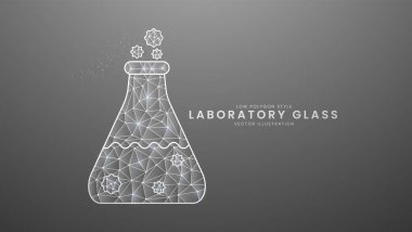 Laboratuvar camı. Tıp laboratuarı ekipmanları. Bilim laboratuarı cam eşyalar, modern dijital düşük çokgen tarzı vektör çizimi